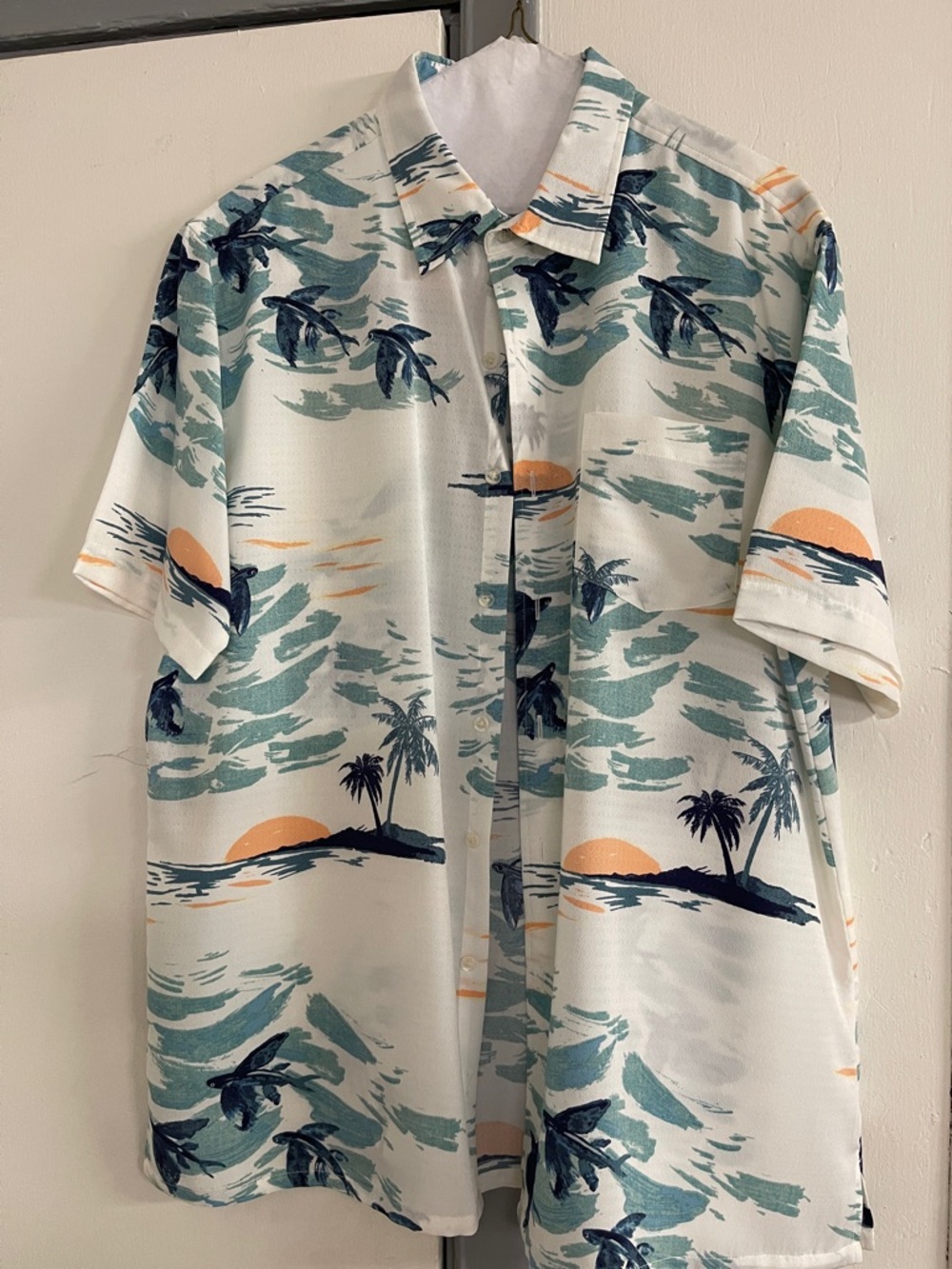 Vintage-Inspired Tropical Sunset Hawaiian Shirt - Cream, Teal, Navy, Orange